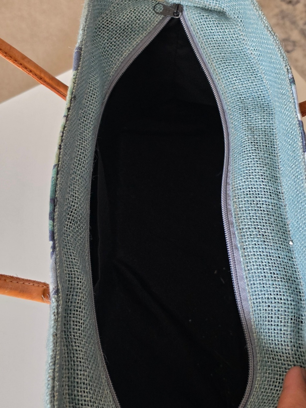 Blue Floral Canvas Tote Bag with Tan Faux Leather Accents - Picture 7 of 8